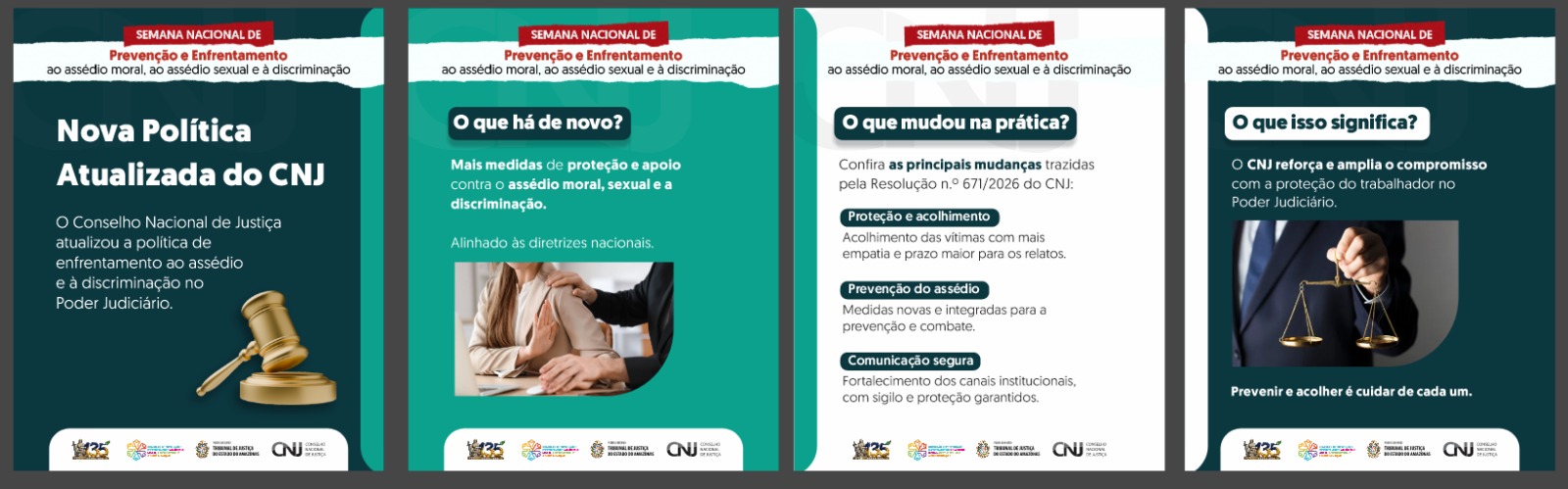 Arte informativa sobre a atualização da política de enfrentamento ao assédio e à discriminação no Poder Judiciário
