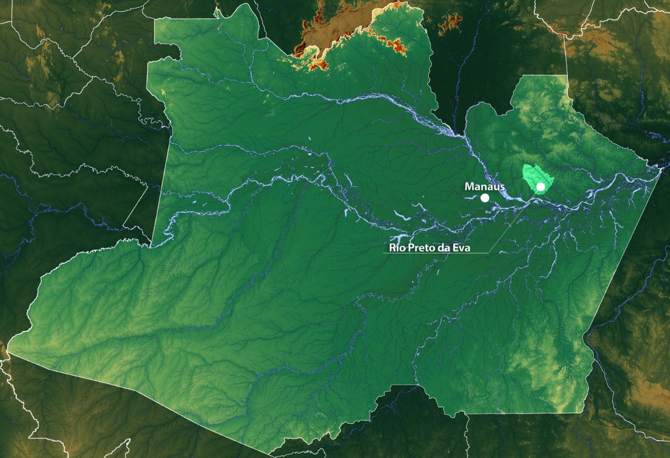 Mapa do Amazonas que mostra a localização do município de Rio Preto da Eva