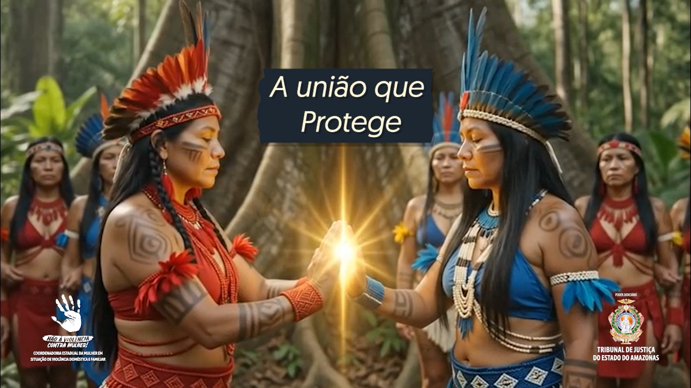Imagem com recursos de IA que mostra mulheres indígenas nas cores dos bois vermelho e azul em área de floresta