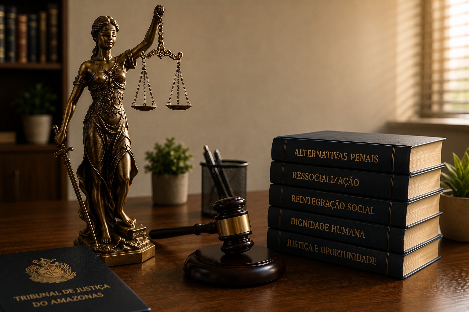 Imagem da deusa da Justiça e de livros que tratam dos assuntos das penas alternativas no Brasil