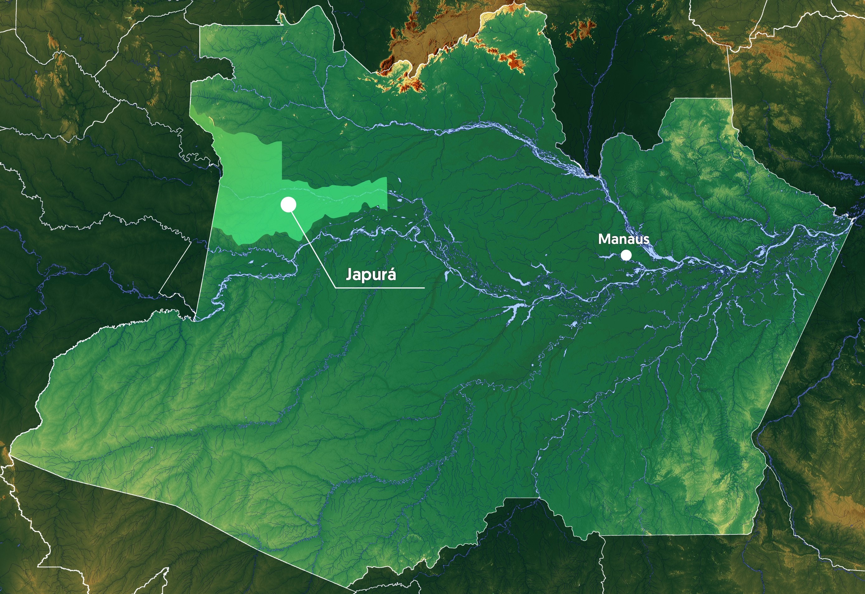 Mapa do Amazonas onde está destacada a localização do município de Japurá, no Alto Solimões, região de fronteira no Oeste do estado.