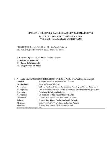 Pauta de Julgamento da Sessão Ordinária da Segunda Câmara Cível -  13.12.2021 (Videoconferência)