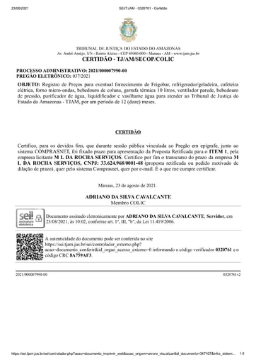 PREGÃO ELETRÔNICO Nº 037/2021 - CERTIDÃO DECURSO DE PRAZO  - ITEM 1 - M L