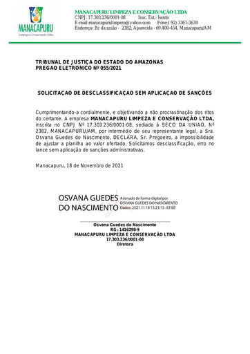 PREGÃO ELETRÔNICO Nº 55/2021 - PEDIDO DE DESCLASSIFICAÇÃO - MANACAPURU