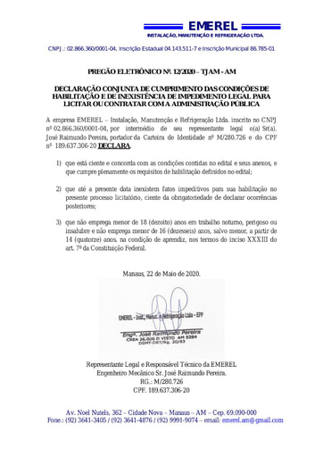 PREGÃO ELETRÔNICO N° 012/2020 – HABILITAÇÃO - DOC. COMPLEMENTAR - EMEREL