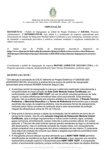 PREGÃO ELETRÔNICO Nº 028/2026 - RESPOSTA AO PEDIDO DE IMPUGNAÇÃO - IRONBR AMBIENTE SEGURO LTDA