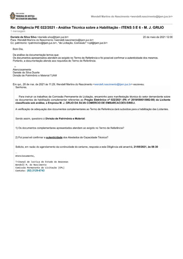 PREGÃO ELETRÔNICO Nº 022/2021 – DILIGÊNCIA CPL À DIVISÃO DE PATRIMÔNIO - DOCUMENTOS COMPLEMENTARES - ITENS 5 E 6 - M.J. GRIJO