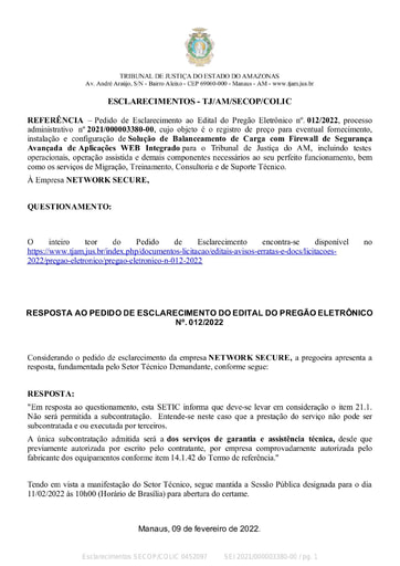 PREGÃO ELETRÔNICO Nº 012/2022 - RESPOSTA AO PEDIDO DE ESCLARECIMENTO - NETWORK