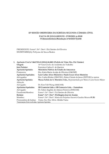 Pauta de Julgamento da Sessão Ordinária da Segunda Câmara Cível - 27.09.2021 (Videoconferência)
