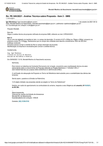 PREGÃO ELETRÔNICO Nº 45/2021 - DILIGÊNCIA COLIC À DIVISÃO DE PATRIMÔNIO - PROPOSTA - ITEM 3 - SMS
