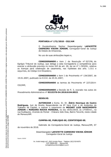 Portaria nº172/2018-CGJ/AM (Autoriza o Dr. Aldrin Henrique de Castro Rodrigues a realizar o casamento no dia 19/01/2018)