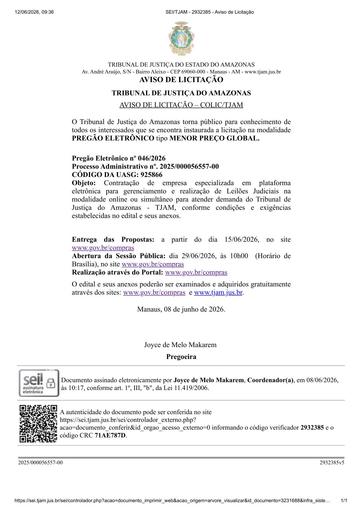 PREGÃO ELETRÔNICO Nº 046/2026 - AVISO DE LICITAÇÃO