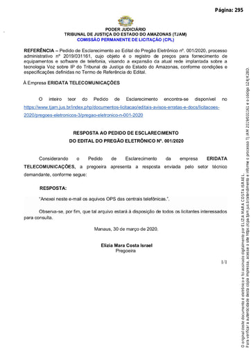 PREGÃO ELETRÔNICO Nº 001/2020 - RESPOSTA AO PEDIDO DE ESCLARECIMENTO - ERIDATA TELECOMUNICAÇÕES