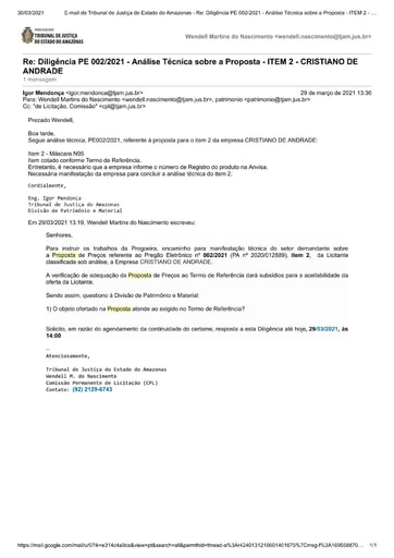 PREGÃO ELETRÔNICO Nº 002/2021 – DILIGÊNCIA CPL À DIVISÃO DE PATRIMÔNIO E MATERIAL - PROPOSTA - ITEM 2 - CRISTIANO DE ANDRADE