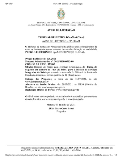 PREGÃO ELETRÔNICO Nº 036/2021 - AVISO DE LICITAÇÃO