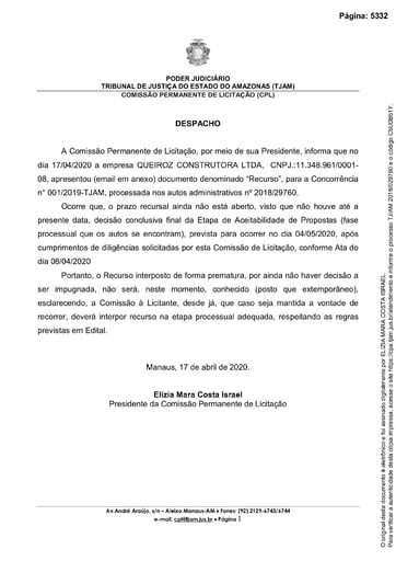 CONCORRÊNCIA Nº 001/2019 - DESPACHO CPL - E-MAIL QUEIROZ CONSTRUTORA