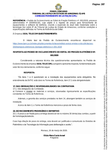 PREGÃO ELETRÔNICO Nº 001/2020 - RESPOSTA AO PEDIDO DE ESCLARECIMENTO - SEAL TELECOM