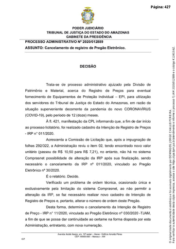 PREGÃO ELETRÔNICO Nº 030/2020 - DECISÃO - CANCELAMENTO DA INTENÇÃO DE REGISTRO DE PREÇOS