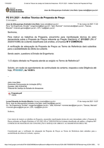 PREGÃO ELETRÔNICO Nº 011/2021 - DILIGÊNCIA CPL À DIVISÃO DE ENGENHARIA - PROPOSTA - M V COMÉRCIO
