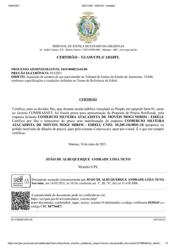 PREGÃO ELETRÔNICO Nº 015/2021 - CERTIDÃO DECURSO DE PRAZO - ITEM 1 - COMÉRCIO SILVEIRA