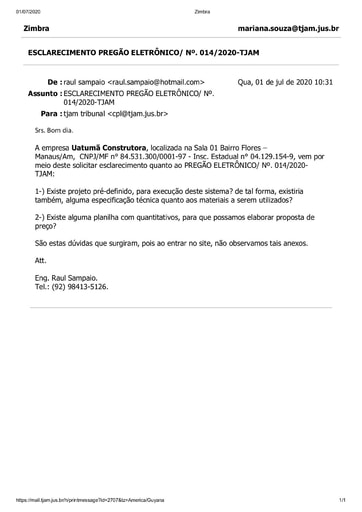 PREGÃO ELETRÔNICO Nº 014/2020 – PEDIDO DE ESCLARECIMENTO - UATUMÃ CONSTRUTORA