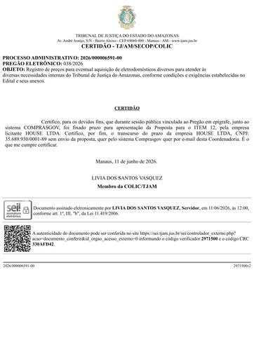PREGÃO ELETRÔNICO Nº 038/2026 - CERTIDÃO DECURSO DE PRAZO - HOUSE - I12