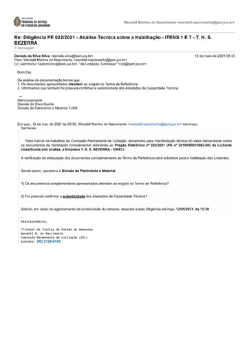 PREGÃO ELETRÔNICO Nº 022/2021 – DILIGÊNCIA CPL À DIVISÃO DE PATRIMÔNIO - DOCUMENTOS COMPLEMENTARES - ITENS 1 E 7 - T.H.S. BEZERRA