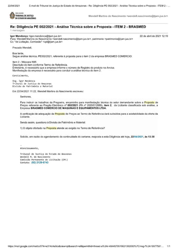 PREGÃO ELETRÔNICO Nº 002/2021 – DILIGÊNCIA CPL À DIVISÃO DE PATRIMÔNIO E MATERIAL - PROPOSTA - ITEM 2 - BRASMED