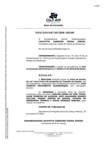 Portaria nº167/2018-CGJ/AM (Realiza Inspeção Virtual no Juízo de Direito da 14ª Vara Cível e de Acidentes do Trabalho da Capital)