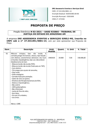 PREGÃO ELETRÔNICO Nº 002/2021 - PROPOSTA - ITEM 1 - DRI ASSESSORIA