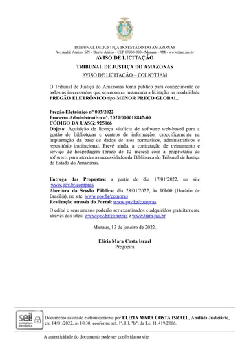 PREGÃO ELETRÔNICO Nº 003/2022 - AVISO DE LICITAÇÃO