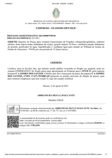 PREGÃO ELETRÔNICO Nº 037/2021 - CERTIDÃO DECURSO DE PRAZO - ITEM 11 - FA GOMES