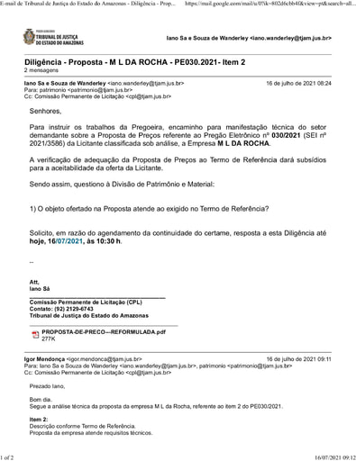 PREGÃO ELETRÔNICO Nº 030/2021 - DILIGÊNCIA CPL À DIVISÃO DE PATRIMÔNIO - PROPOSTA - ITEM 2 - M L DA ROCHA