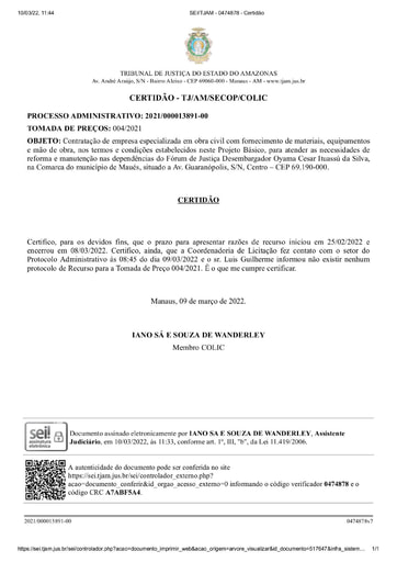TOMADA DE PREÇOS Nº 004/2021 - CERTIDÃO RECURSO NÃO APRESENTADO