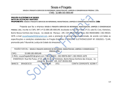 PREGÃO ELETRÔNICO Nº 030/2021 - PROPOSTA RETIFICADA - ITEM 1 - SOUZA E FRAGATA