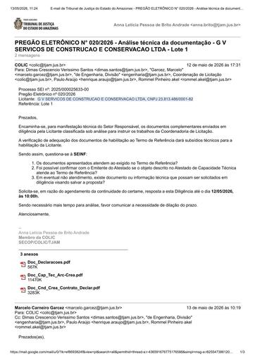PREGÃO ELETRÔNICO Nº 020/2026 - DILIGÊNCIA COLIC À SEINF - DOCUMENTAÇÃO - G V SERVICOS DE CONSTRUCAO E CONSERVACAO LTDA - LOTE 1