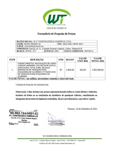 PREGÃO ELETRÔNICO Nº 042/2021 - PROPOSTA - WT
