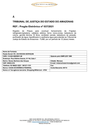 PREGÃO ELETRÔNICO Nº 037/2021 - PROPOSTA RETIFICADA - ITEM 1 - ML DA ROCHA