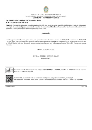 TOMADA DE PREÇOS N° 005/2021 - CERTIDÃO - DECURSO DO PRAZO PARA RECURSO