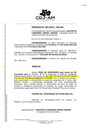 Portaria nº169/2019-CGJ/AM (Aplica pena de Suspensão pelo prazo de 90 dias - Processo nº 0212264-84.2018.8.04.0022)