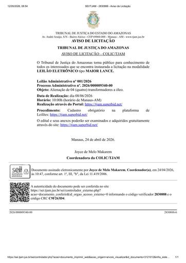 LEILÃO ELETRÔNICO Nº 001/2026 - AVISO DE LICITAÇÃO