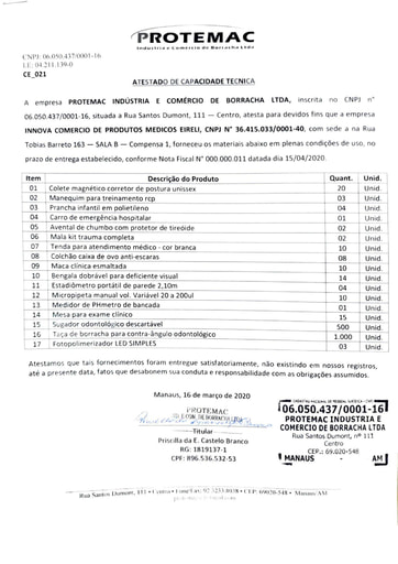 PREGÃO ELETRÔNICO Nº 011/2020 - HABILITAÇÃO - DOC. COMPLEMENTAR - ITEM 19 - INNOVA