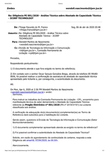 PREGÃO ELETRÔNICO Nº 001/2020 – DILIGÊNCIA CPL À DIVISÃO DE TECNOLOGIA - DOCUMENTAÇÃO - 3CORP