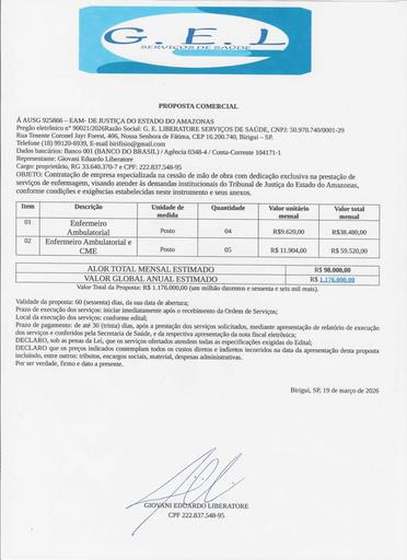 PREGÃO ELETRÔNICO Nº 021/2026 - PROPOSTA - G E