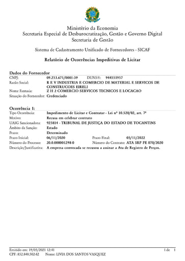 PREGÃO ELETRÔNICO Nº 002/2021 – IMPEDIMENTO - R E V INDÚSTRIA