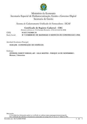PREGÃO ELETRÔNICO Nº 025/2020 - SICAF E CNDT - RT COMÉRCIO