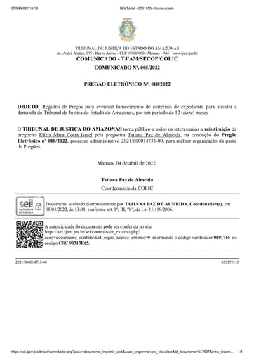 PREGÃO ELETRÔNICO N° 018/2022 - COMUNICADO - SUBSTITUIÇÃO DE PREGOEIRA