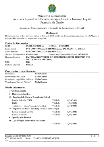 TOMADA DE PREÇOS Nº 001/2021 - SICAF E CNDT - FVB
