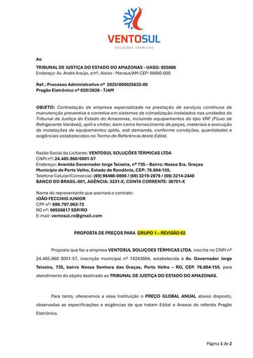 PREGÃO ELETRÔNICO Nº 020/2026 - PROPOSTA RETIFICADA 2 - VENTOSUL SOLUCOES TERMICAS LTDA - LOTE 1