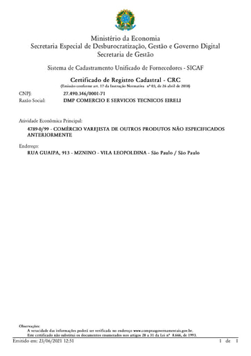 PREGÃO ELETRÔNICO Nº 026/2021 - HABILITAÇÃO - SICAF E CNDT - GRUPO 9 - DMP COMÉRCIO